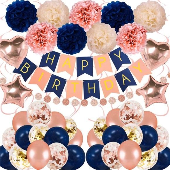 Navy Rose Gold Birthday Decorations 61 Pieces Balloon kit with foil Balloons - Picture 1 of 7